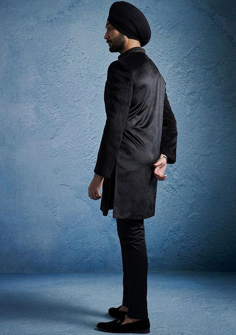Black Embroidered Poly Blend Indowestern Sherwani Set For Men
