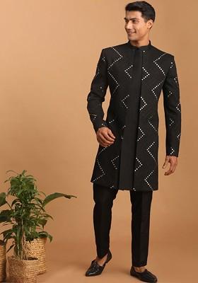 Black Embroidered Poly Blend Indowestern Sherwani Set For Men