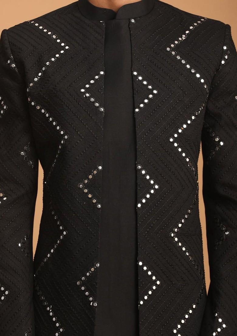 Black Embroidered Poly Blend Indowestern Sherwani Set For Men