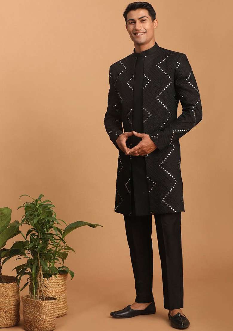 Black Embroidered Poly Blend Indowestern Sherwani Set For Men - Indya