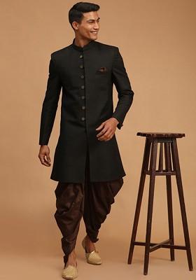 Black Solid Poly Blend Indowestern Sherwani Set For Men