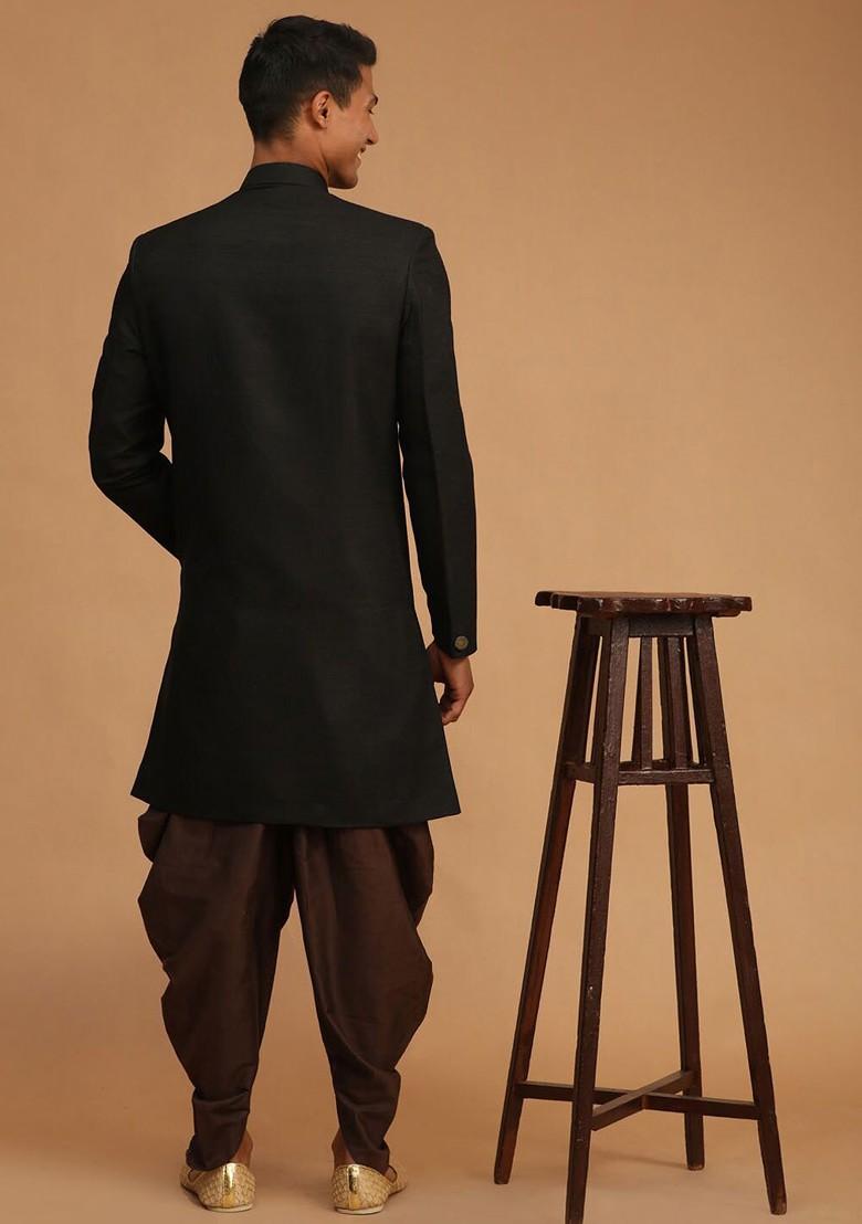 Black Solid Poly Blend Indowestern Sherwani Set For Men