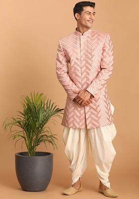 Pink Embroidered Poly Blend Indowestern Sherwani Set For Men