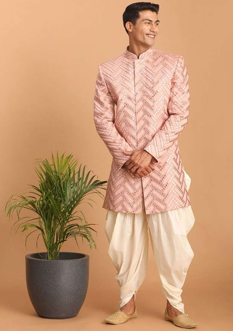 Pink Embroidered Poly Blend Indowestern Sherwani Set For Men - Indya