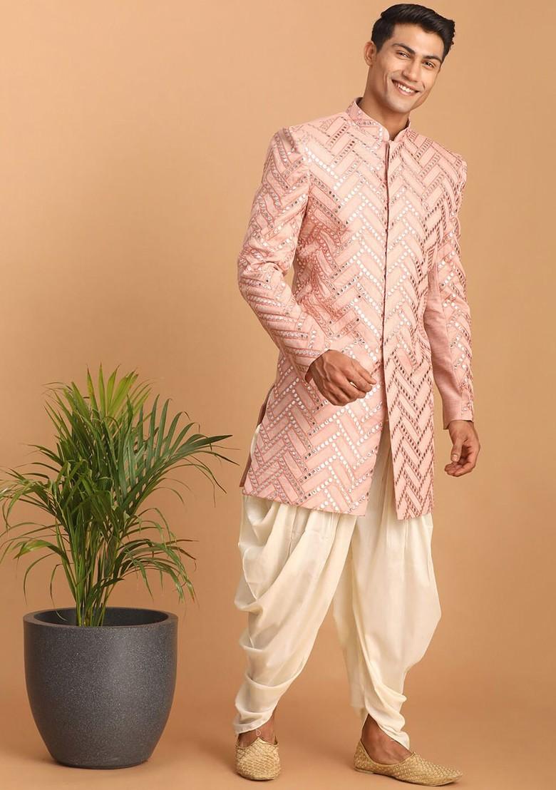 Pink Embroidered Poly Blend Indowestern Sherwani Set For Men