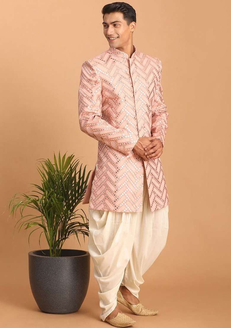 Pink Embroidered Poly Blend Indowestern Sherwani Set For Men - Indya