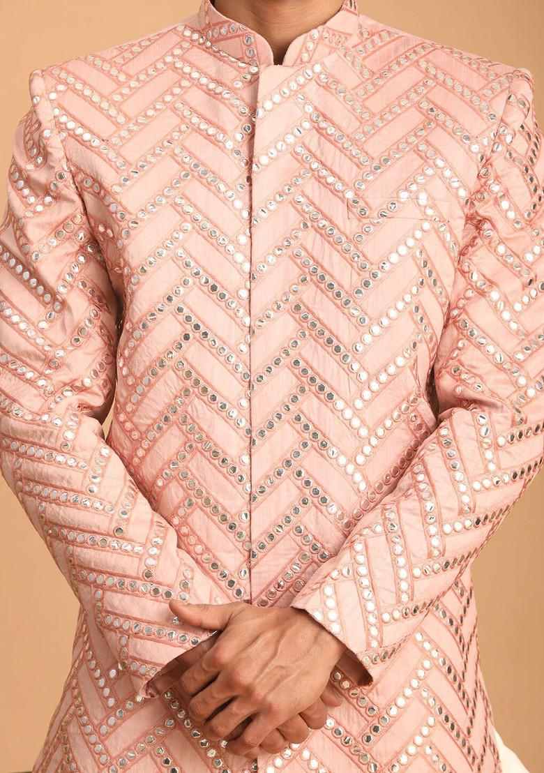 Pink Embroidered Poly Blend Indowestern Sherwani Set For Men