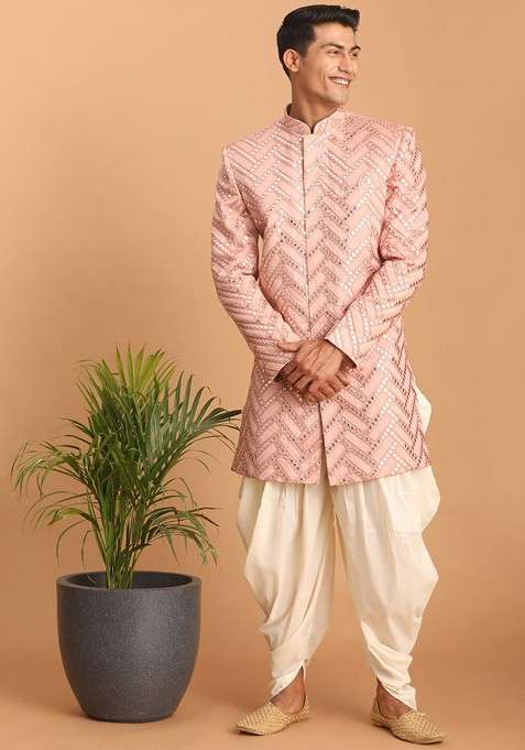 Pink Embroidered Poly Blend Indowestern Sherwani Set For Men