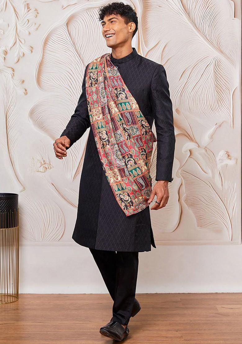 Black Printed Poly Blend Indowestern Sherwani Set For Men