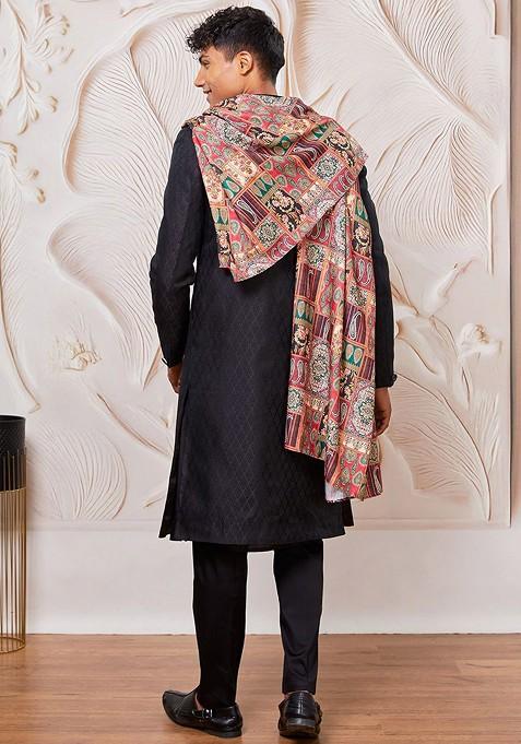 Black Printed Poly Blend Indowestern Sherwani Set For Men