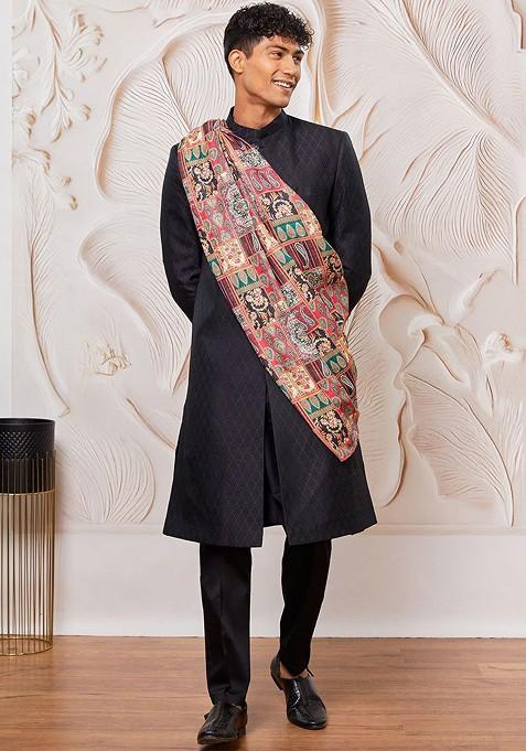Black Printed Poly Blend Indowestern Sherwani Set For Men