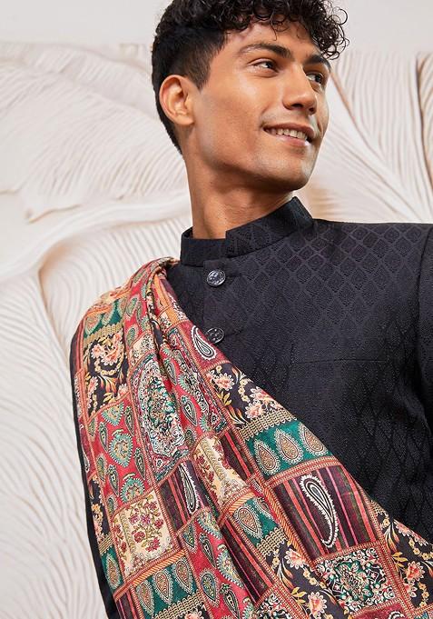 Black Printed Poly Blend Indowestern Sherwani Set For Men