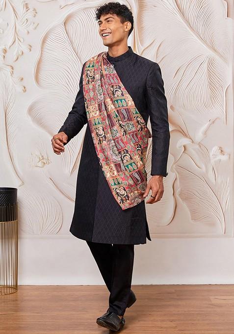 Black Printed Poly Blend Indowestern Sherwani Set For Men