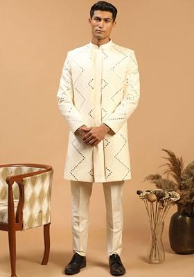 Cream Mirror Work Poly Blend Indowestern Sherwani Set For Men