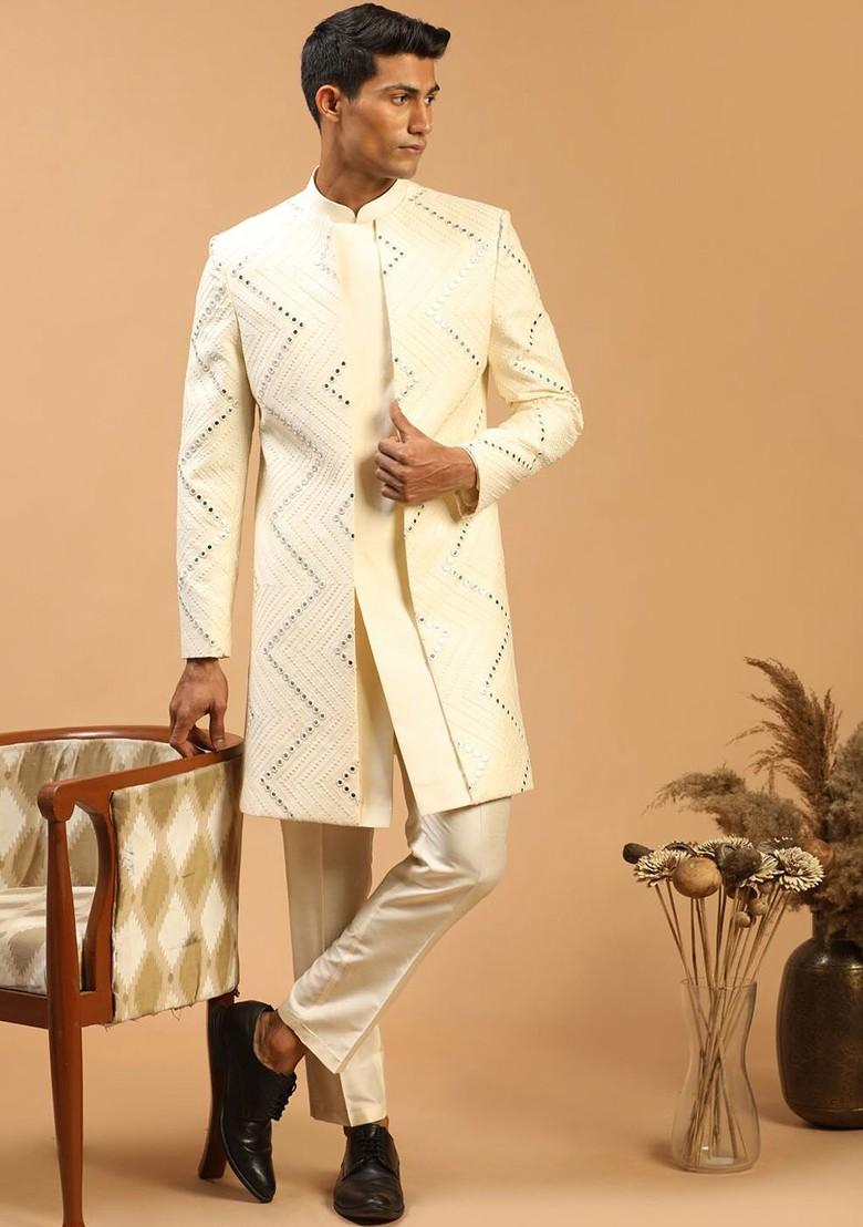 Cream Mirror Work Poly Blend Indowestern Sherwani Set For Men