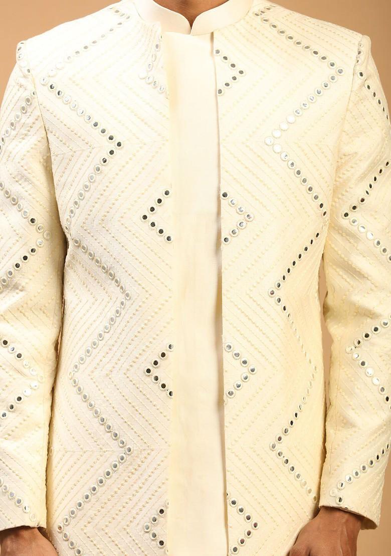 Cream Mirror Work Poly Blend Indowestern Sherwani Set For Men