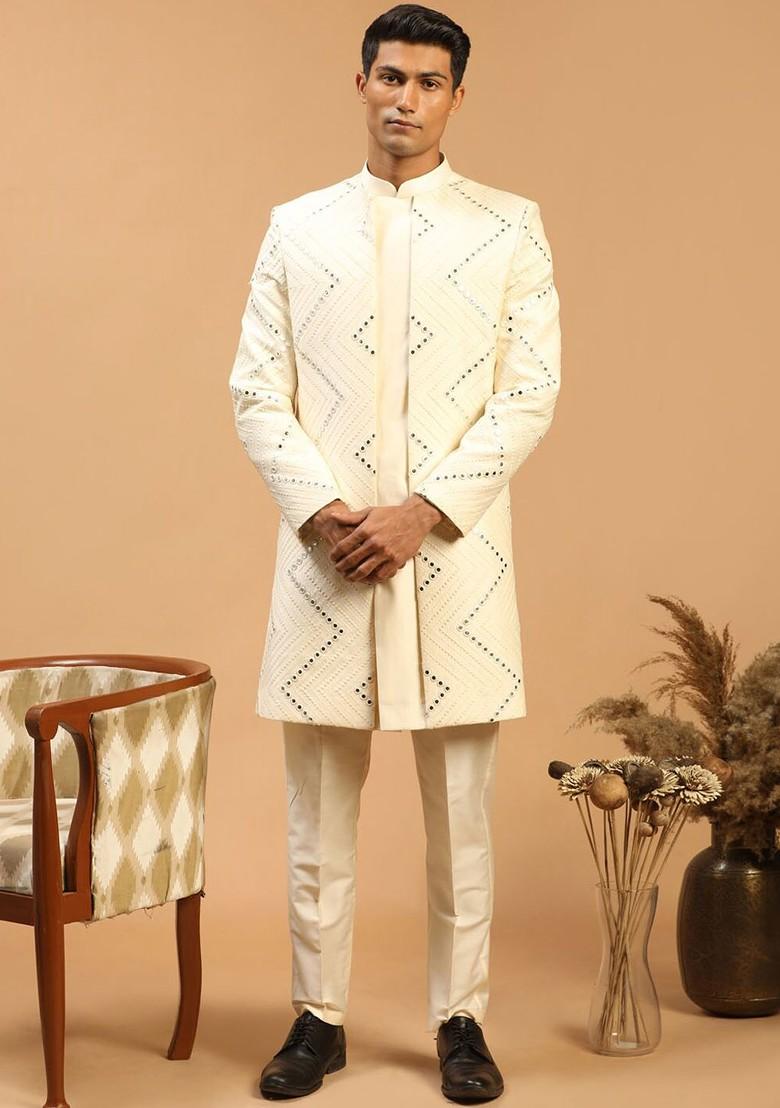 Cream Mirror Work Poly Blend Indowestern Sherwani Set For Men
