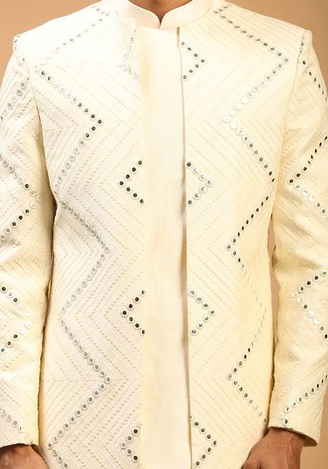 Cream Mirror Work Poly Blend Indowestern Sherwani Set For Men