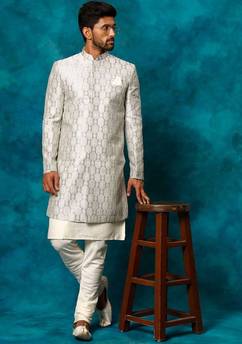 Grey Embroidered Poly Blend Indowestern Sherwani Set For Men - Indya