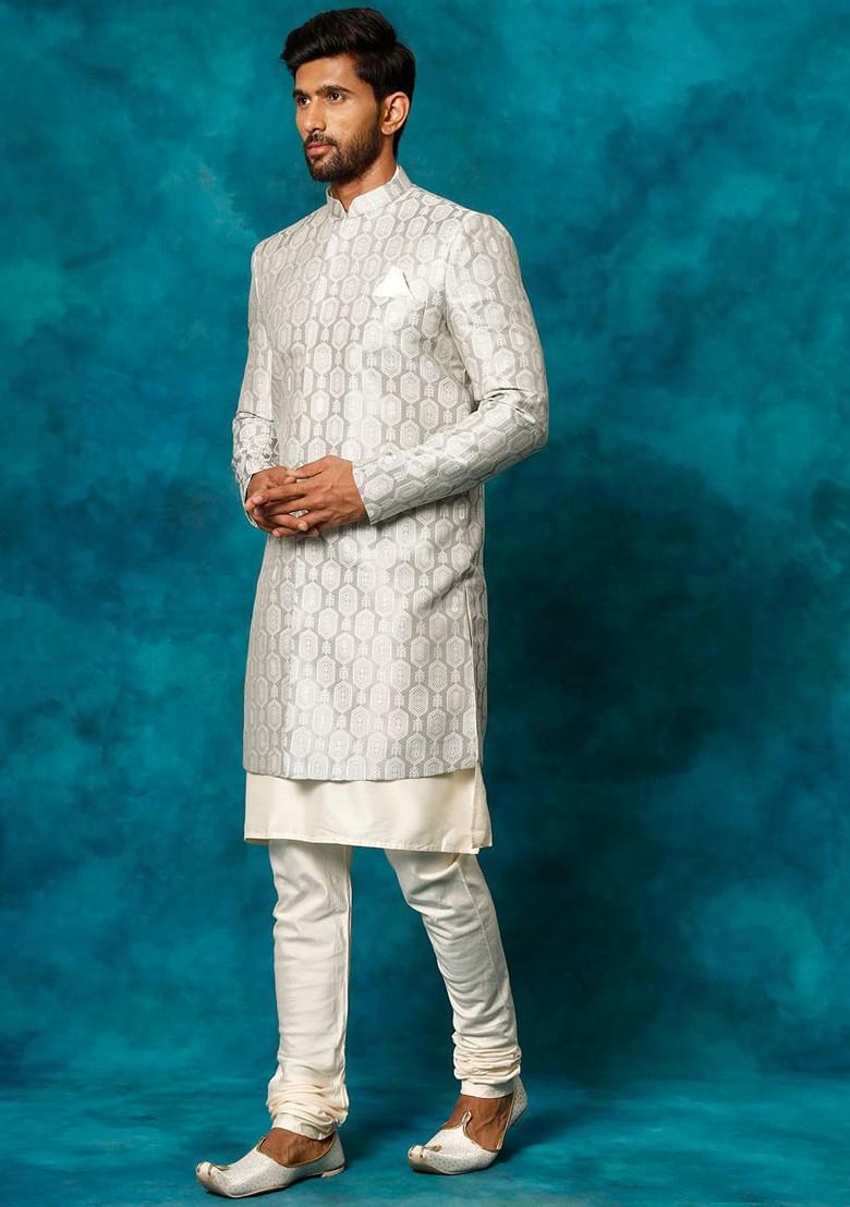 Grey Embroidered Poly Blend Indowestern Sherwani Set For Men