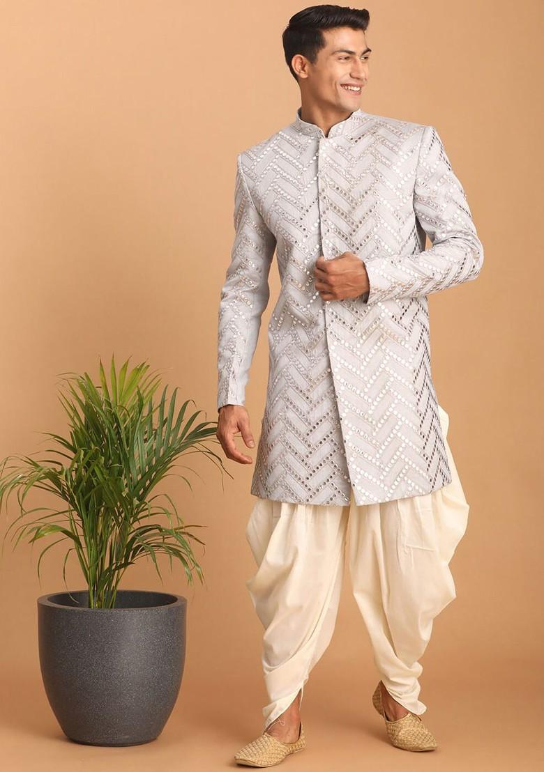 Blue Embroidered Poly Blend Indowestern Sherwani Set For Men