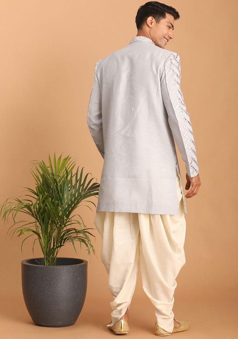 Blue Embroidered Poly Blend Indowestern Sherwani Set For Men