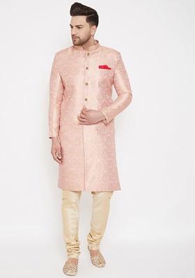 Pink Woven Poly Blend Indowestern Sherwani Set For Men