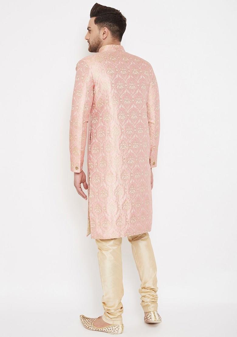 Pink Woven Poly Blend Indowestern Sherwani Set For Men