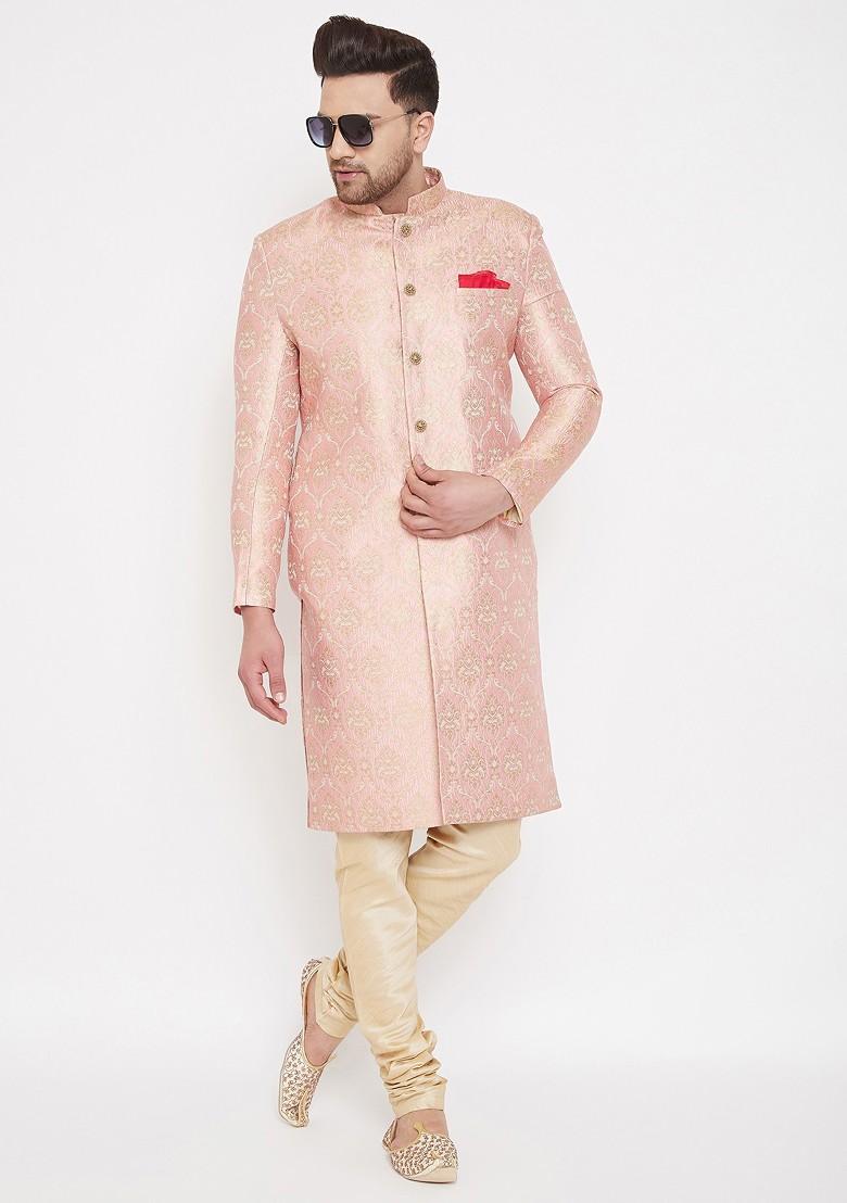 Pink Woven Poly Blend Indowestern Sherwani Set For Men