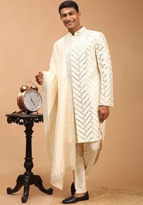 Cream Mirror Work Silk Indowestern Sherwani Set For Men