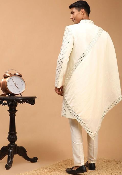 Cream Mirror Work Silk Indowestern Sherwani Set For Men