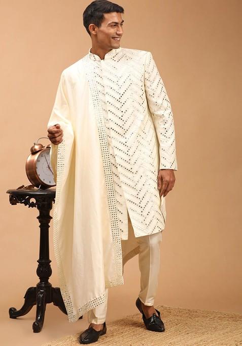 Cream Mirror Work Silk Indowestern Sherwani Set For Men