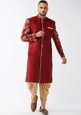 Maroon Embroidered Poly Blend Indowestern Sherwani Set For Men