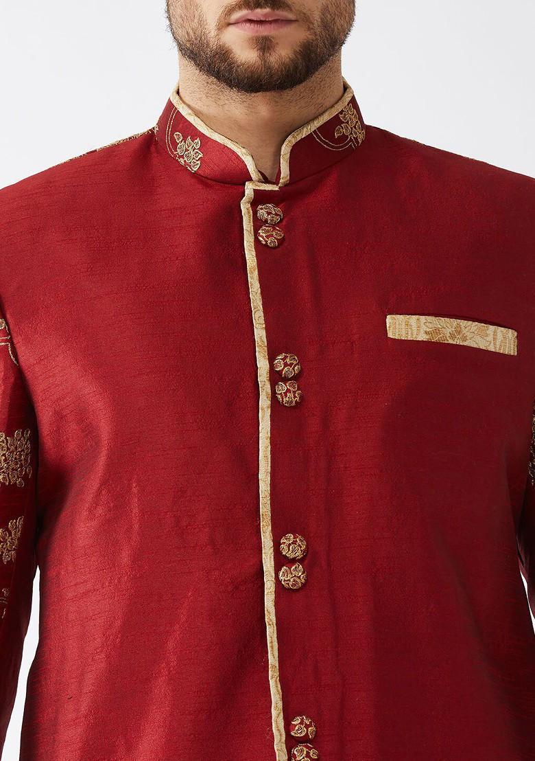 Maroon Embroidered Poly Blend Indowestern Sherwani Set For Men