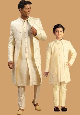 Cream Embroidered Poly Blend Indowestern Sherwani Set For Men