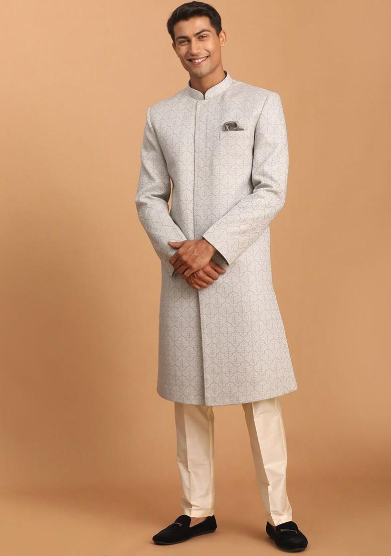 Grey Woven Jacquard Indowestern Sherwani Set For Men