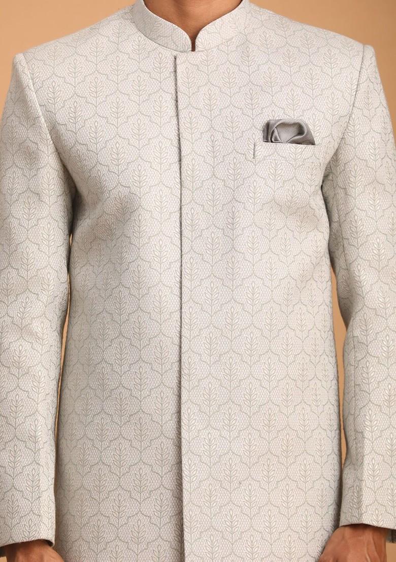Grey Woven Jacquard Indowestern Sherwani Set For Men