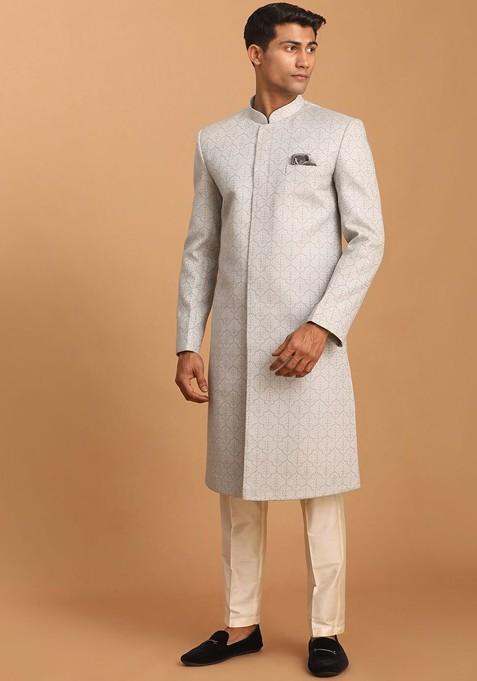 Grey Woven Jacquard Indowestern Sherwani Set For Men