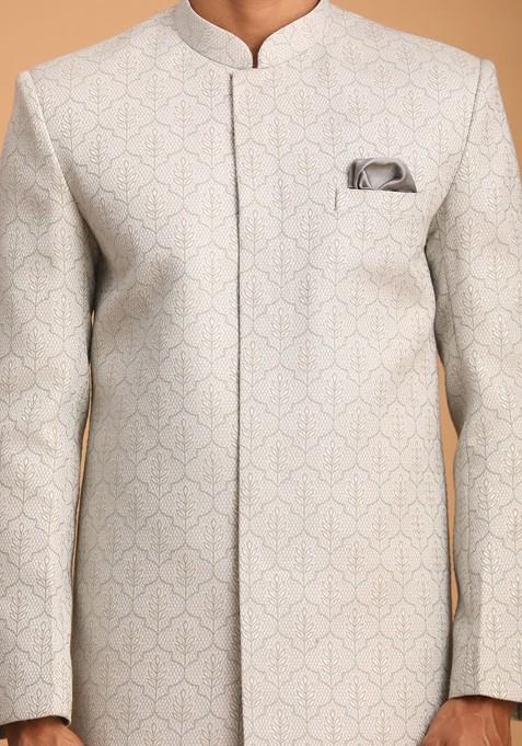 Grey Woven Jacquard Indowestern Sherwani Set For Men