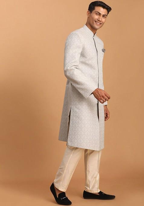 Grey Woven Jacquard Indowestern Sherwani Set For Men