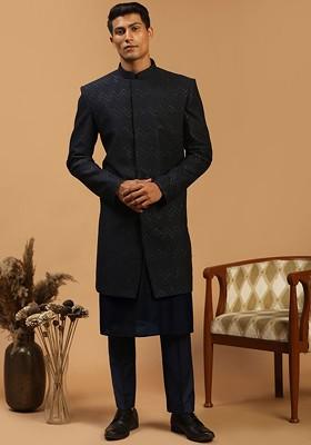 Navy Blue Solid Silk Indowestern Sherwani Set For Men