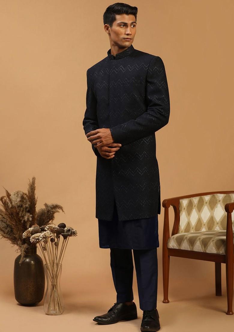 Navy Blue Solid Silk Indowestern Sherwani Set For Men