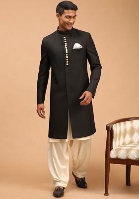 Black Solid Poly Blend Indowestern Sherwani Set For Men
