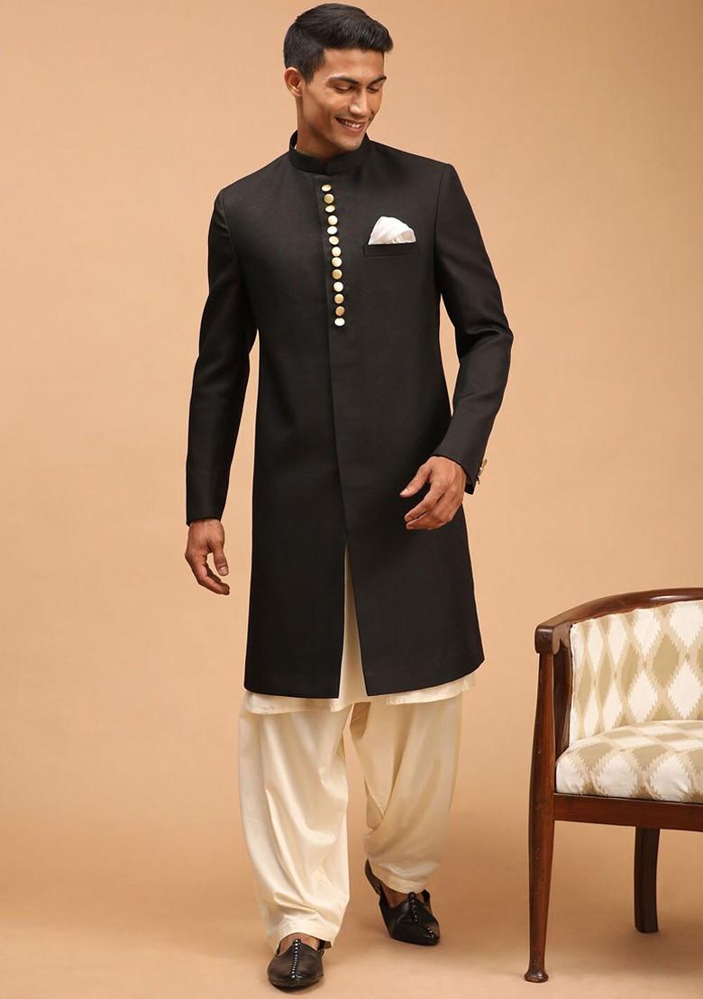Black Solid Poly Blend Indowestern Sherwani Set For Men