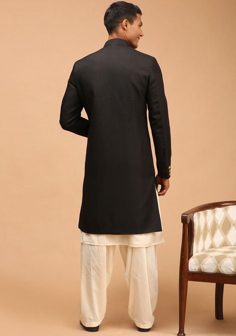 Black Solid Poly Blend Indowestern Sherwani Set For Men