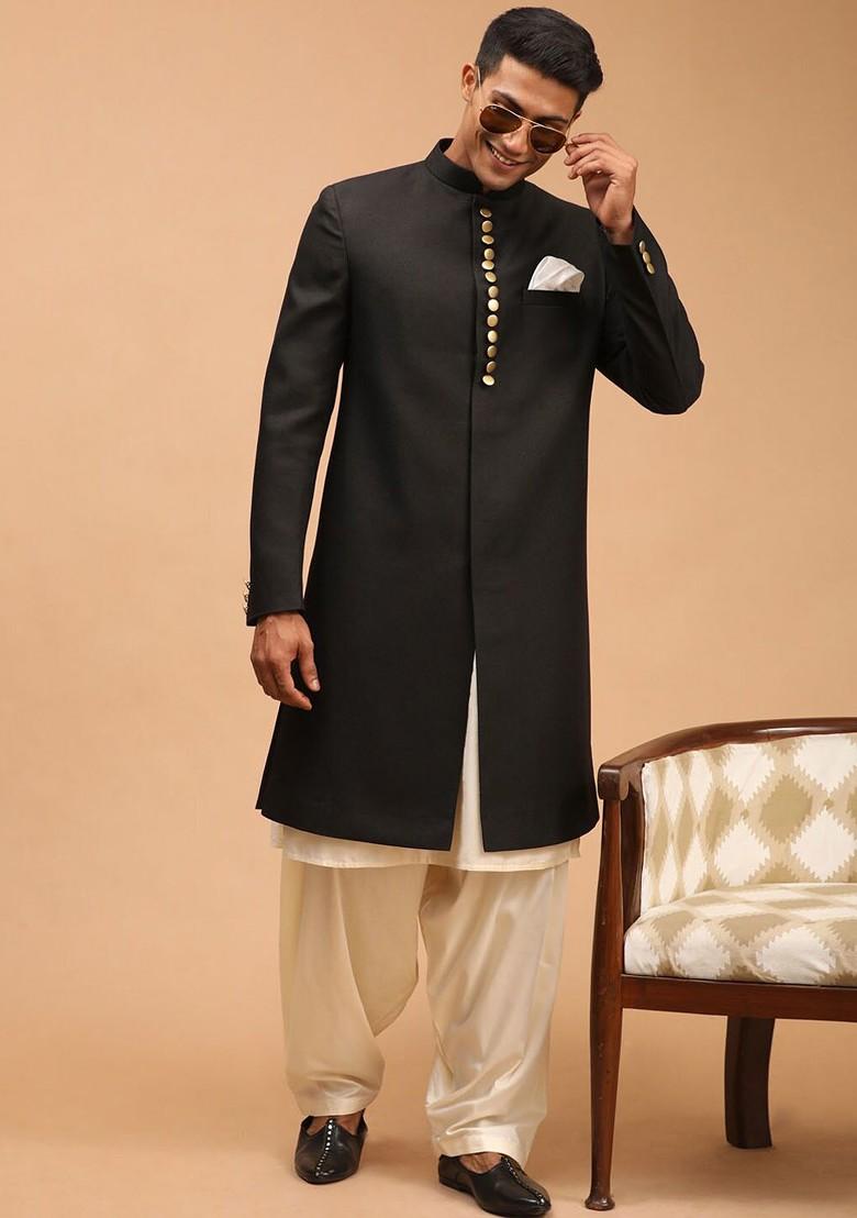 Black Solid Poly Blend Indowestern Sherwani Set For Men