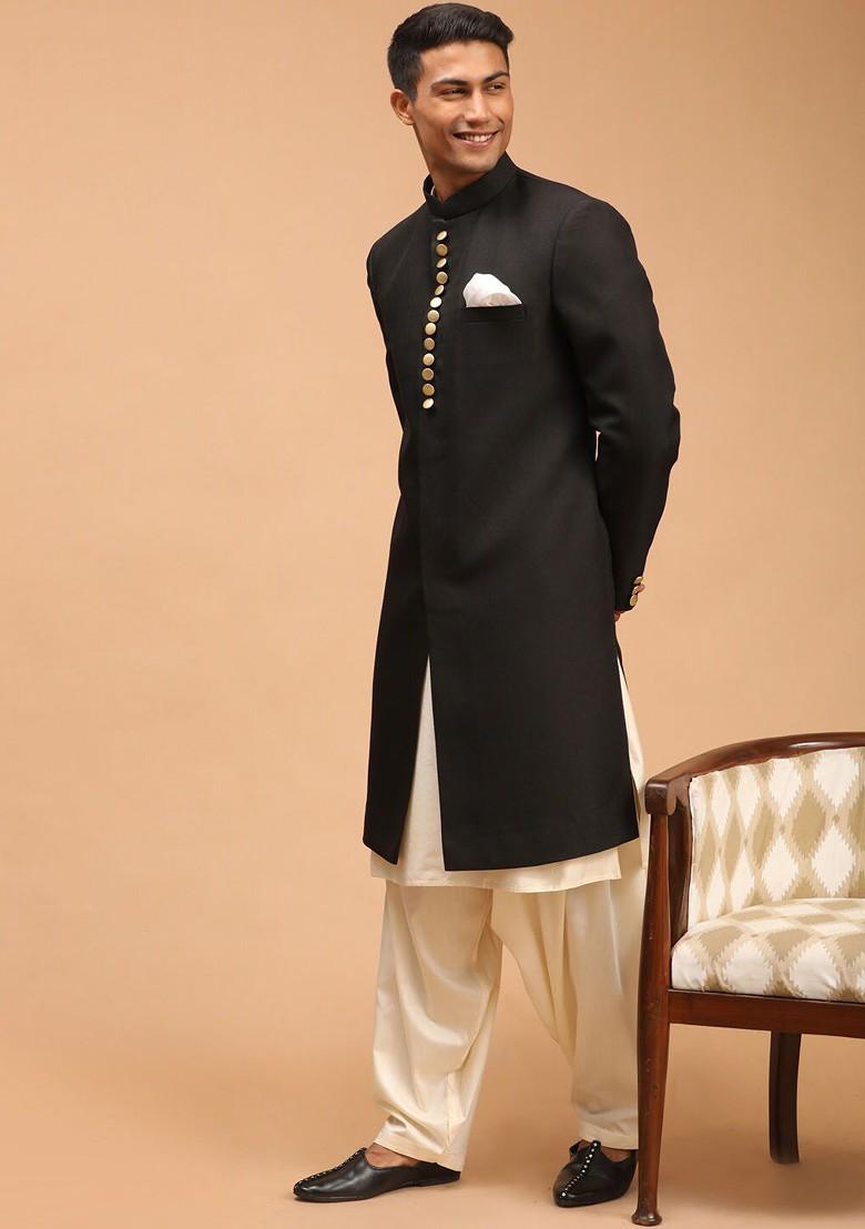 Black Solid Poly Blend Indowestern Sherwani Set For Men