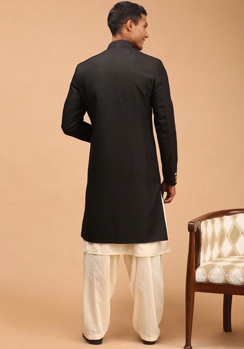 Black Solid Poly Blend Indowestern Sherwani Set For Men