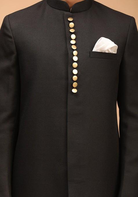 Black Solid Poly Blend Indowestern Sherwani Set For Men