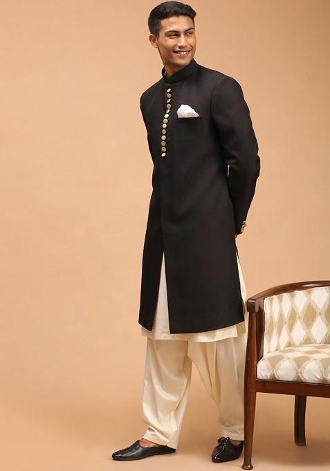 Black Solid Poly Blend Indowestern Sherwani Set For Men